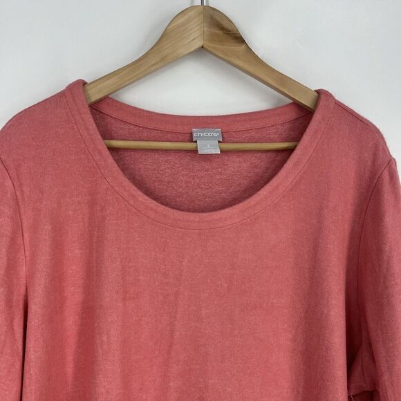 Chicos T Shirt Size 3 Womens XL Pink Cozy Knit Tee Scoop Neck Top Knit Elbow - Picture 2 of 8
